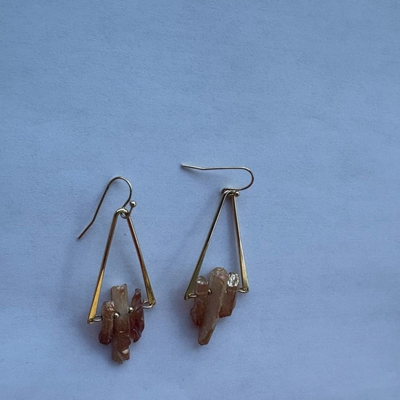Gold Tone Geometric Earrings with genuine quartz stones fish hook back - Picture 5 of 5